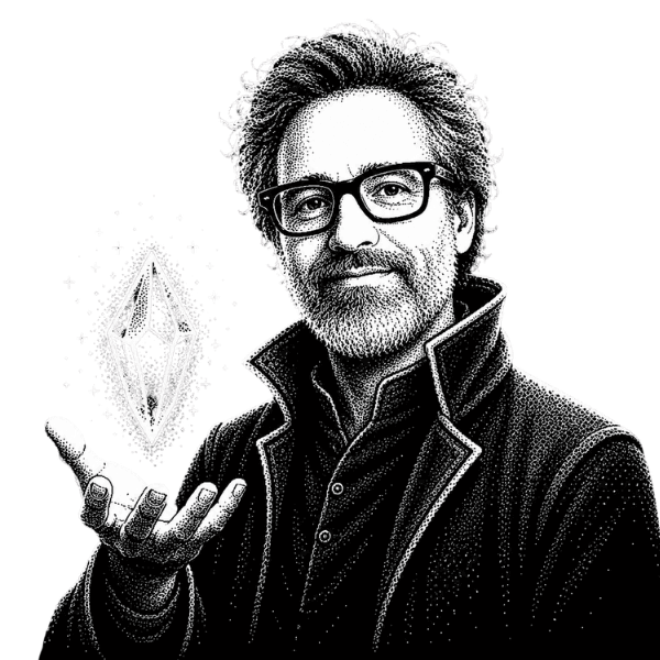 Chris Bolton, creator of crystl, holding a glowing crystal